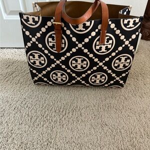 Tory Burch Black and Cream Geometric Tote